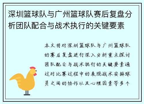 深圳篮球队与广州篮球队赛后复盘分析团队配合与战术执行的关键要素