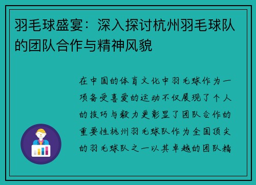 羽毛球盛宴：深入探讨杭州羽毛球队的团队合作与精神风貌