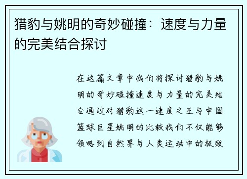 猎豹与姚明的奇妙碰撞：速度与力量的完美结合探讨