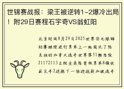 世锦赛战报：梁王被逆转1-2爆冷出局！附29日赛程石宇奇VS翁虹阳